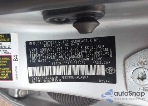 2007 Toyota Avalon Xl/Xls/Touring/Limited z USA, uszkodzony, nr VIN 4T1BK36B47U239076